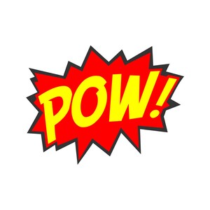 Puede incluir: Un globo de diálogo de estilo cómic rojo y amarillo con la palabra "POW!" en letras amarillas.