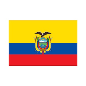 May include: The flag of Ecuador features a yellow field with a blue stripe and a red stripe. The national coat of arms is centered on the blue stripe. The coat of arms features a condor with outstretched wings, a shield with a mountain range, a river, and a sun, and a laurel wreath.