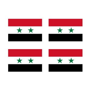 May include: Four red, black and green Syrian flags with two green stars on each flag.