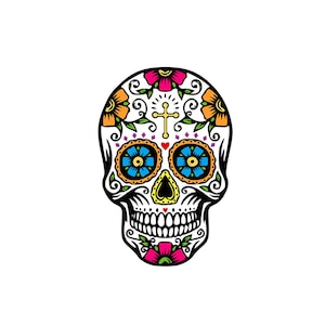 May include: A white sugar skull with colourful floral designs, blue eyes, and a cross on the forehead. The skull is smiling with teeth and has a pink flower on the chin.