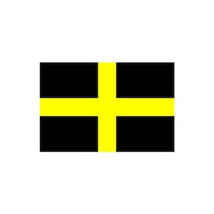 May include: A black and yellow flag with a yellow cross in the center.