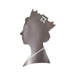 May include: A silver silhouette of a person wearing a crown and a pearl necklace. The silhouette is facing to the right.