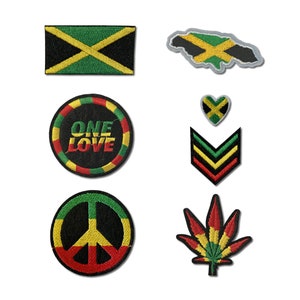 7er Set Jamaika Stickerei Patch Aufnäher zum Aufbügeln oder Aufnähen gestickte Jamaika Flagge Karte Herz One Love Rasta Peace
