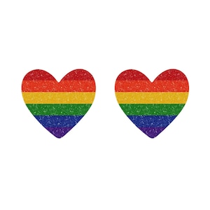 May include: Two rainbow glitter hearts. The hearts are red, orange, yellow, green, blue, and purple.