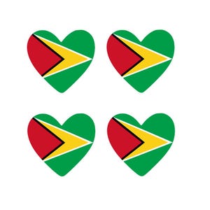 May include: Four heart-shaped designs featuring the flag of Guyana. Each heart has a red left side, a yellow arrow pointing right, and a green background. The hearts are arranged in a 2x2 grid on a white background.