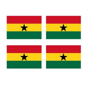 May include: Four rectangular images of the Ghana flag, featuring horizontal stripes of red, yellow, and green, with a black star in the center of the yellow stripe. The flags are displayed against a white background.