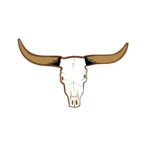May include: A vector illustration of a bull skull with long, curved horns. The skull is off-white with brown outlines and details. The horns are a light brown colour with black accents near the base, set against a white background.