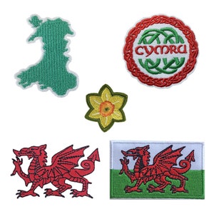 Set of 5 Wales Embroidery Patch Iron on or Sew on Embroidered Motif Transfer Welsh Flag, dragon, Cymru, welsh map, daffodil