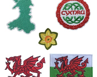 Set of 5 Wales Embroidery Patch Iron on or Sew on Embroidered Motif Transfer Welsh Flag, dragon, Cymru, welsh map, daffodil