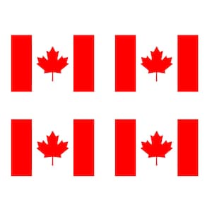 May include: Four red Canadian flags with a white background and a red maple leaf in the center.