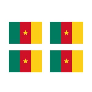 May include: Four identical flags of Cameroon. Each flag is a horizontal triband of green, red, and yellow with a single yellow star in the center of the red band.