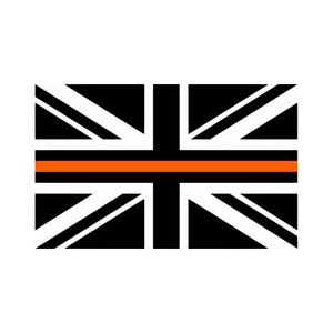 May include: A Union Jack flag with a thin orange stripe across the middle. The flag is a symbol of support for emergency services.