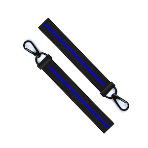 May include: Two black keychains with a blue stripe down the center and a black metal hook.
