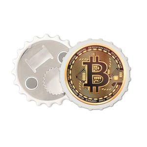 May include: A white bottle opener with a gold and black Bitcoin design. The bottle opener has a magnetic back and a bottle opener on the front. The Bitcoin design features the Bitcoin logo and the words "Bitcoin Digital Decentralized Peer to Peer".