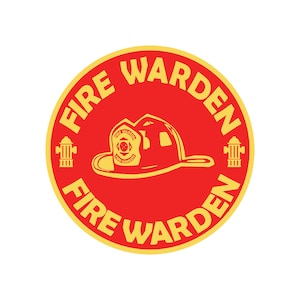 May include: A red and yellow circular sticker with the text "FIRE WARDEN" in a yellow circle around a red background. The sticker features a firefighter's helmet with a yellow "FIRE WARDEN" badge on the front.