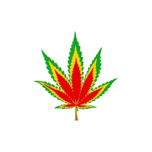 May include: A green, yellow, and red marijuana leaf with a pointed tip.