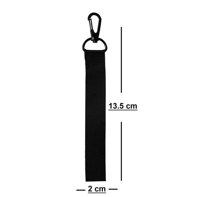 May include: Black strap with a metal clip, measuring 13.5 inches long and 2 inches wide.