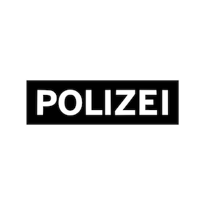 Könnte beinhalten: Schwarz-weißes Schild mit dem Wort "POLIZEI" in weißen Buchstaben.