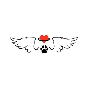 May include: Black paw print with a red heart and halo above it, surrounded by black angel wings.