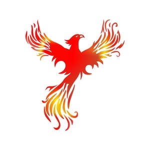 Op de afbeelding: Een gestileerde illustratie van een feniksvogel met uitgespreide vleugels. De vogel is voornamelijk rood, met gele en oranje accenten in de vleugels en staart, tegen een witte achtergrond. Het ontwerp is symmetrisch en gedetailleerd.