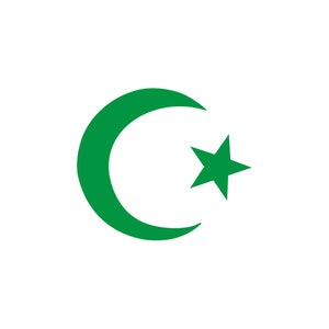 Könnte beinhalten: Ein grüner Halbmond mit einem fünfzackigen Stern im Inneren. Das Symbol wird oft verwendet, um den Islam zu repräsentieren.
