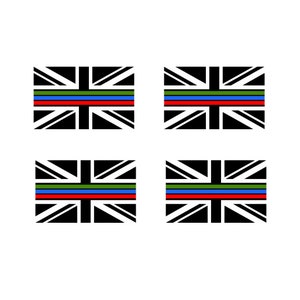 May include: Four black and white Union Jack flags with a thin red, blue, and green stripe across the middle. The flags are a symbol of support for first responders.