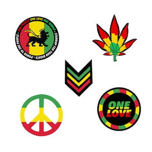 May include: Five colorful stickers with a peace sign, a lion with a crown, a marijuana leaf, a chevron, and a circle with the words "One Love".