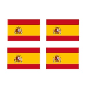 May include: Four red and yellow flags of Spain with the Spanish coat of arms in the center.