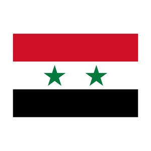 May include: The flag of Syria, featuring three horizontal stripes: red, white, and black. Two green five-pointed stars are centred on the white stripe.