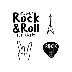 May include: Black and white graphic design with the text "It's only Rock & Roll but like it".  The design also includes a guitar, a rock and roll hand gesture, and a pick with the word "Rock" and a star.