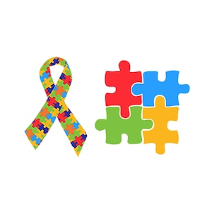 May include: A blue and yellow ribbon with a puzzle pattern, and a puzzle made of four pieces in red, blue, green, and yellow.