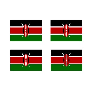May include: Four identical images of the flag of Kenya. The flag is a horizontal triband of black, red, and green with a white, red-rimmed shield with two spears crossed behind it in the centre.