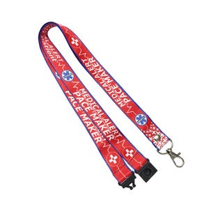 May include: Red and blue lanyard with the text "Medical Alert Pacemaker" and a star of life symbol. The lanyard has a black plastic clip and a silver metal hook.