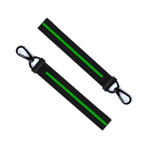May include: Two black keychains with a green stripe. Each keychain has a black metal hook.
