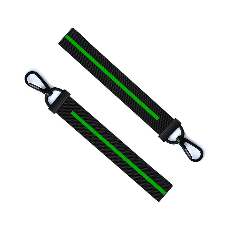 May include: Two black keychains with a green stripe. Each keychain has a black metal hook.