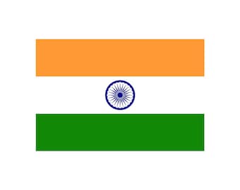 May include: The flag of India, featuring three horizontal bands of saffron, white, and green. A blue wheel with 24 spokes, known as the Ashoka Chakra, is centred on the white band.