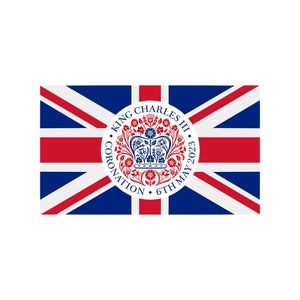 May include: A Union Jack flag with a circular seal in the center. The seal is white with a red crown and blue floral designs. The text on the seal reads "King Charles III Coronation 6th May 2023".