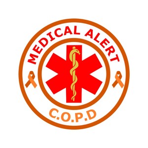 May include: A circular medical alert badge with the words "MEDICAL ALERT" in red, and "C.O.P.D" in orange. The center features a red star of life symbol with a gold caduceus. Two orange ribbons are on either side.