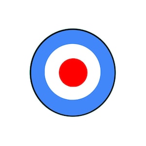 May include: A circular design with a red center, a white ring, and a light blue outer ring, all outlined in black, set against a white background. The design resembles a target or a stylized emblem.