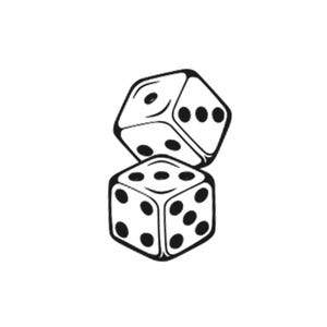May include: Two black and white dice stacked on top of each other. The top die shows one and three dots, while the bottom die shows five and four dots. The dice are set against a white background.