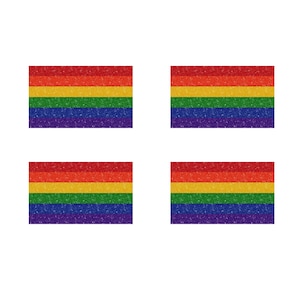 May include: Four rainbow pride flags with a glittery texture. Each flag has six horizontal stripes in the colors red, orange, yellow, green, blue, and purple.