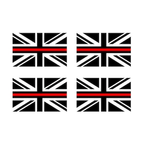 Könnte beinhalten: Vier Designs der Union Jack Flagge in Schwarz und Weiß mit einem horizontalen roten Streifen. Die Flaggen sind in einem 2x2 Raster auf weißem Hintergrund angeordnet.