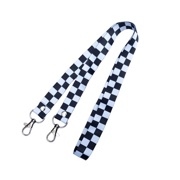 Checkered Flag DOUBLE CLIP Lanyard neck strap, ID holder racing chequered Flag