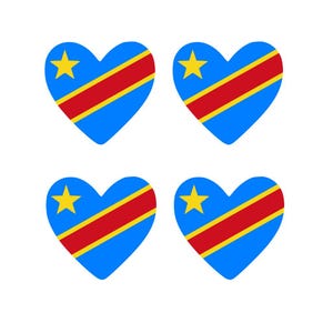 May include: Four blue heart-shaped designs with the flag of the Democratic Republic of the Congo. Each heart features a yellow star in the upper left corner, a red stripe, and a yellow stripe.