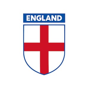 Könnte beinhalten: Ein blauer Schild mit einem roten Kreuz darin und dem Wort "ENGLAND" in weißen Buchstaben auf einem blauen Banner über dem Schild.