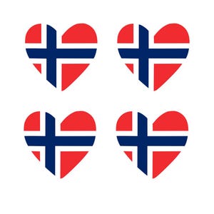 Puede incluir: Cuatro corazones rojos con un diseño de cruz azul, que representa la bandera noruega. Los corazones están dispuestos en un patrón cuadrado sobre un fondo blanco. El diseño es simple y audaz.
