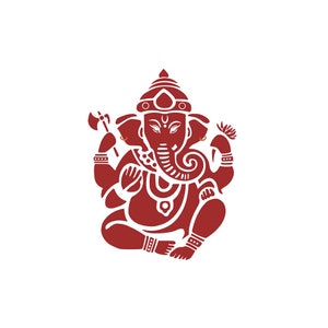 Könnte beinhalten: Rote Silhouette der hinduistischen Gottheit Ganesha, ein elefantenköpfiger Gott, mit einer Krone und einem kleinen Beil in der einen Hand und einer Lotusblume in der anderen.