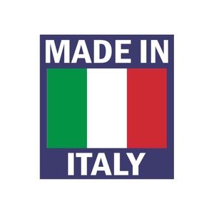 May include: A rectangular graphic with the text "MADE IN" above the Italian flag and the word "ITALY" below. The flag features vertical green, white, and red stripes, set against a dark blue background.