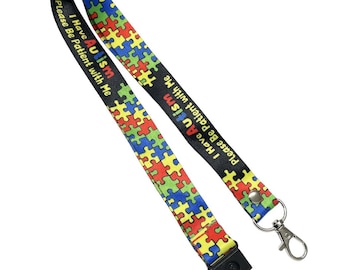 I have autism please be patient printed Lanyard - neck strap, ID holder zigsaw puzzle awareness