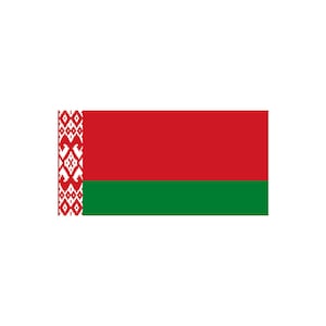 May include: The flag of Belarus features a red field with a narrow white band on the hoist side. The white band contains a traditional Belarusian pattern. The bottom half of the flag is green.